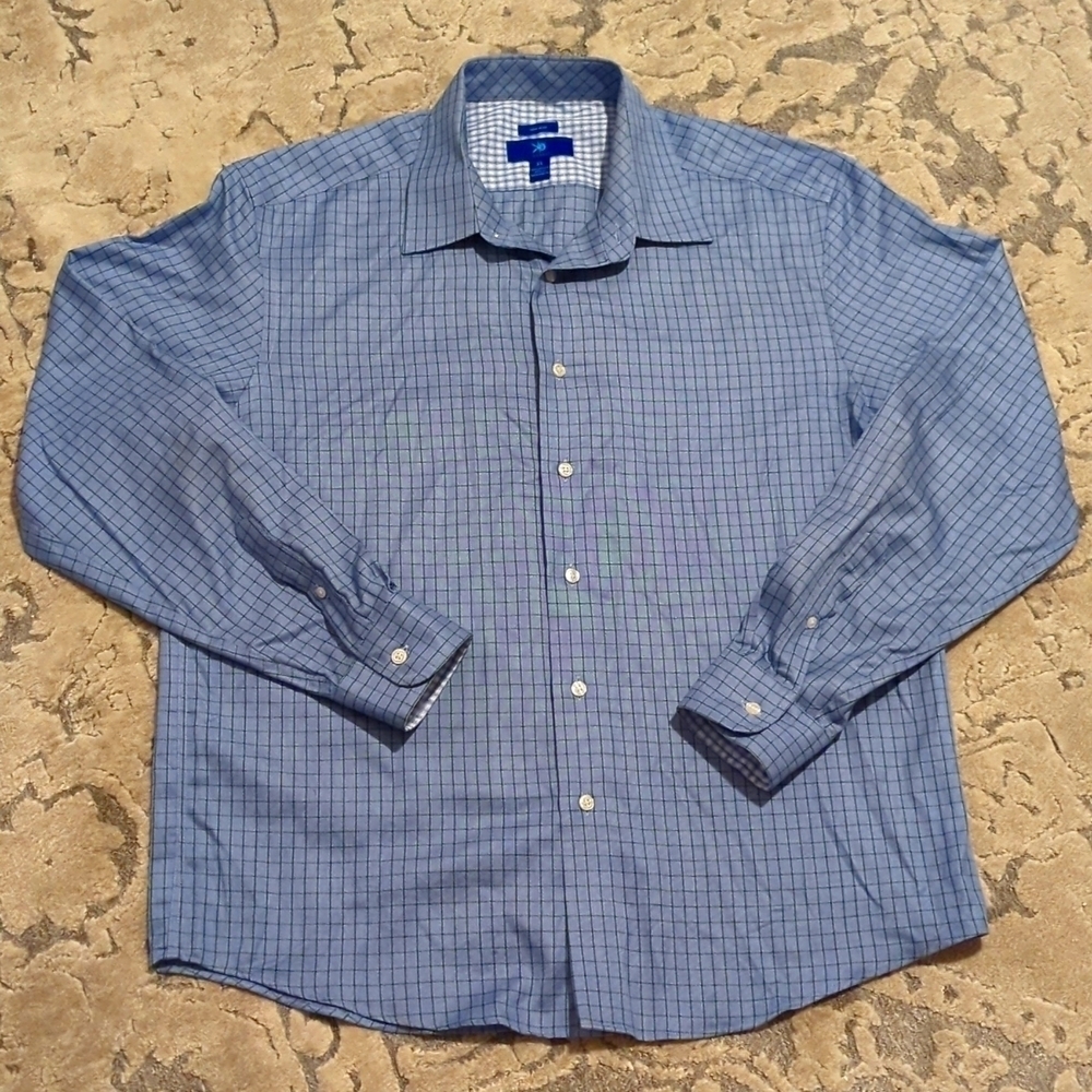 Egara Blue Plaid Men's Button Front Business Casual Long Sleeve Shirt, Size XL